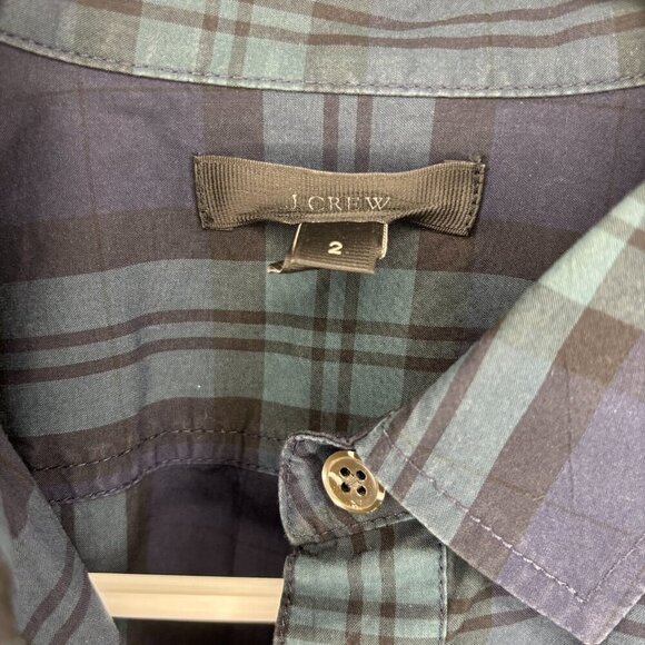 JCREW Beaded Popover Top Women 2 Green Blue Plaid Long Sleeve Flap Pocket - Picture 5 of 5